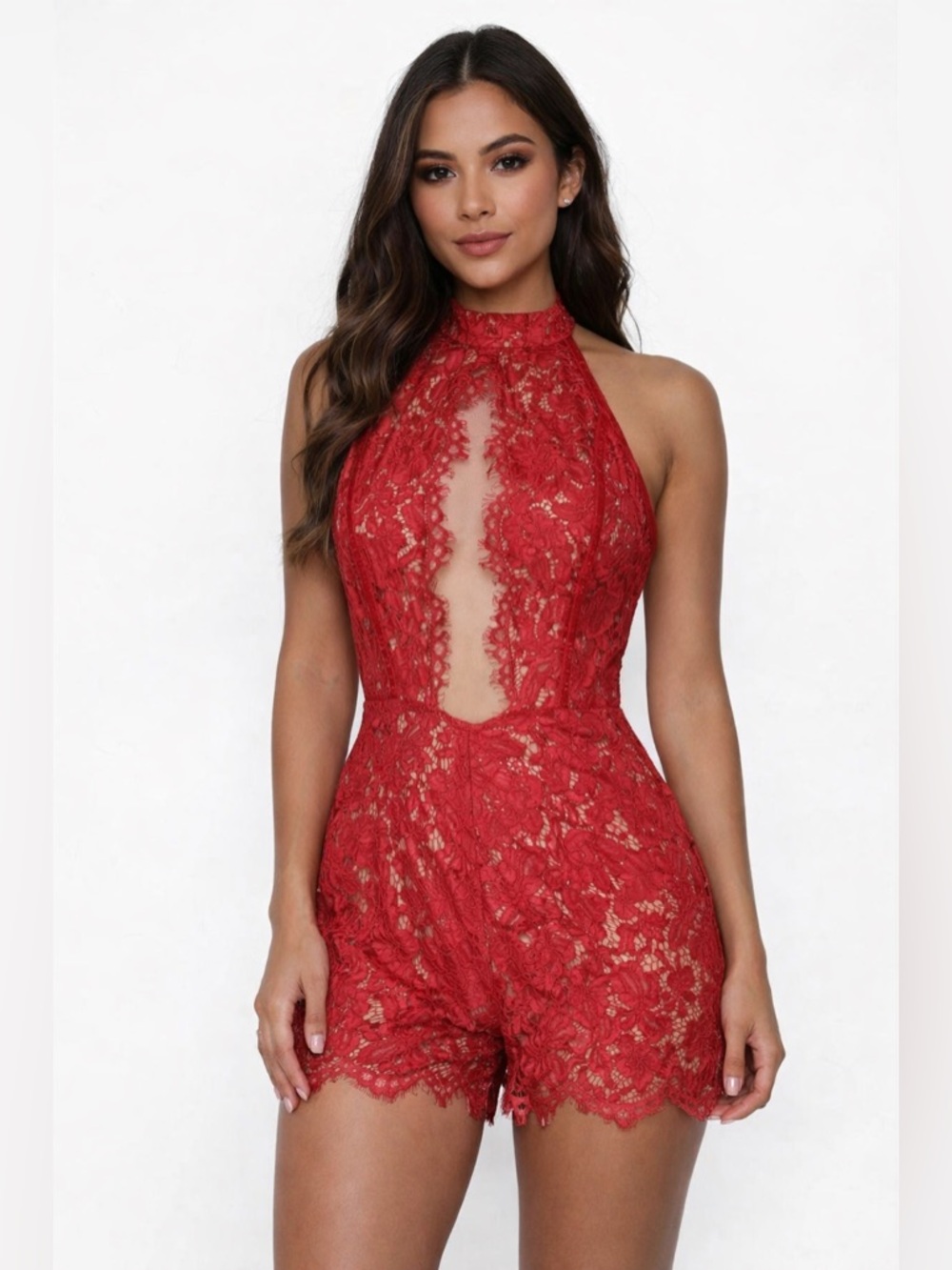 Tobi Red Lace Romper Cut Out Front Open Back with Halter Neckline Small